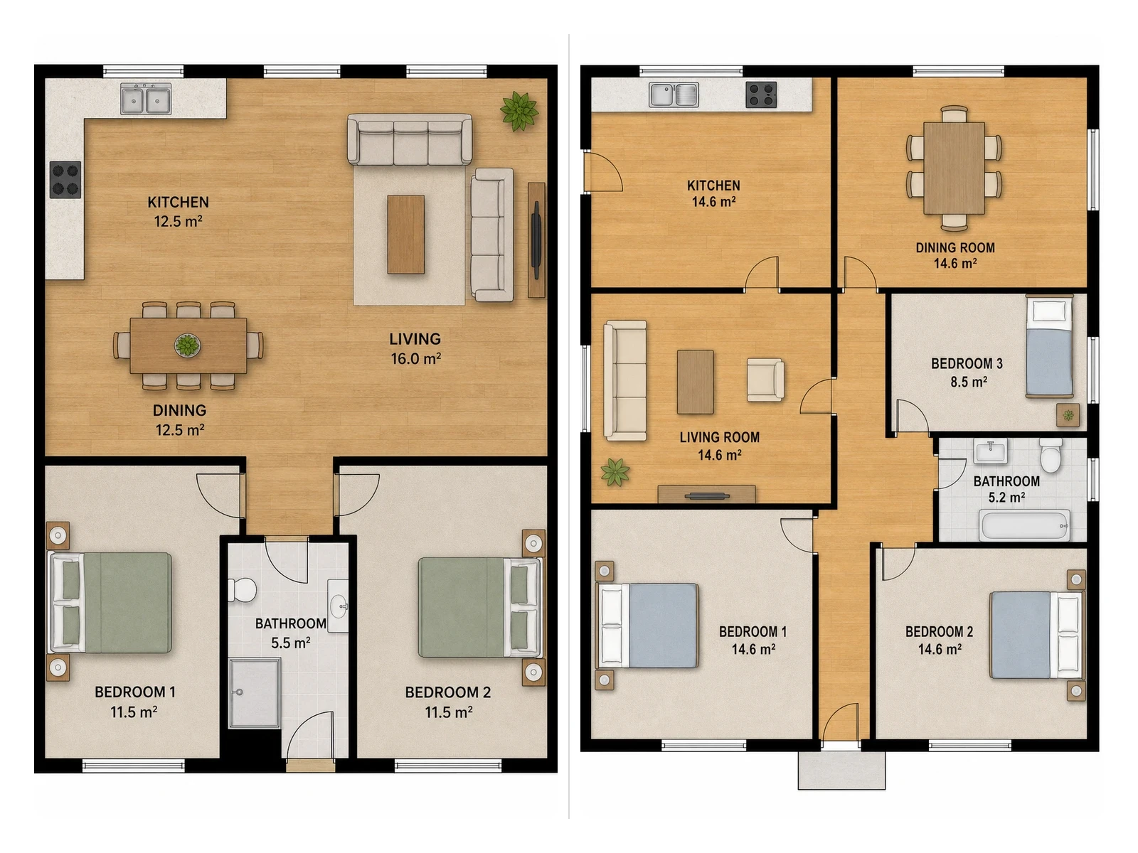 Two alternative floor plans of the same home shown side by side