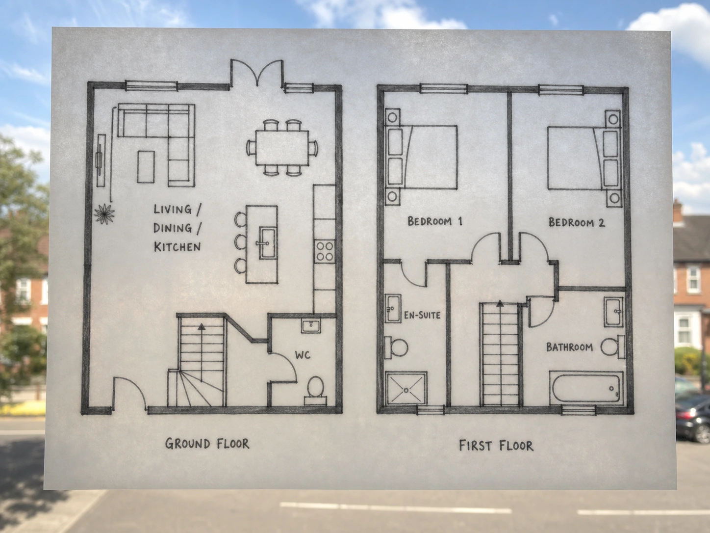 A marker sketch of a duplex redrawn as a clean two-floor plan