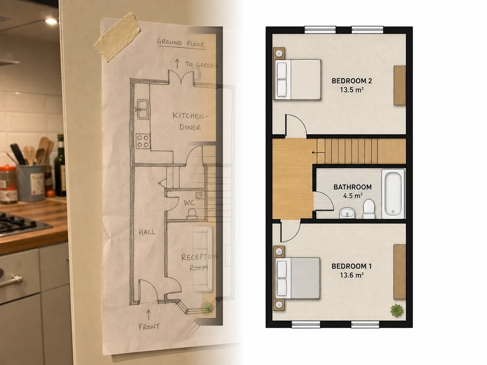 A photo of a floor plan taped inside a kitchen cupboard dissolving into its clean redraw