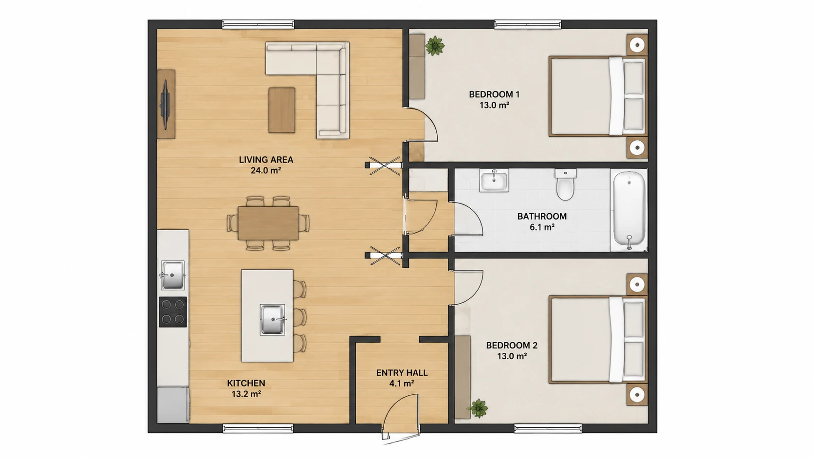 A freehand pencil sketch of a two-bedroom apartment redrawn as a clean labelled floor plan