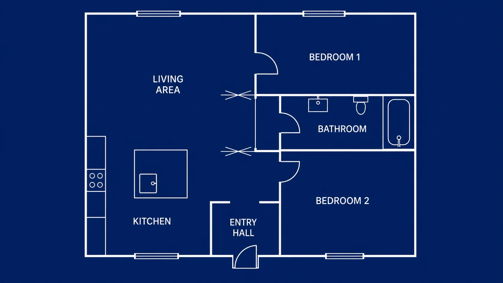 The same apartment as a white-on-blue blueprint drawing