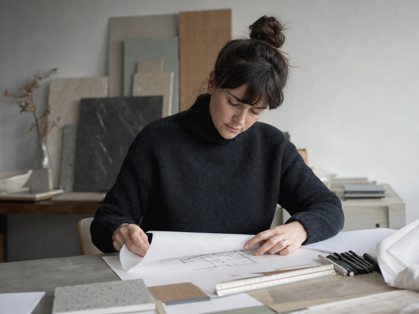 An interior designer working over a printed plan at a drawing table