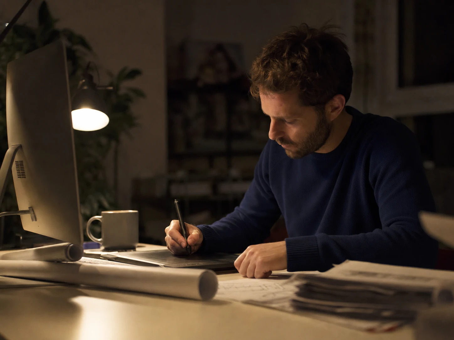 A freelance draughtsman working on plans at a desk late in the evening