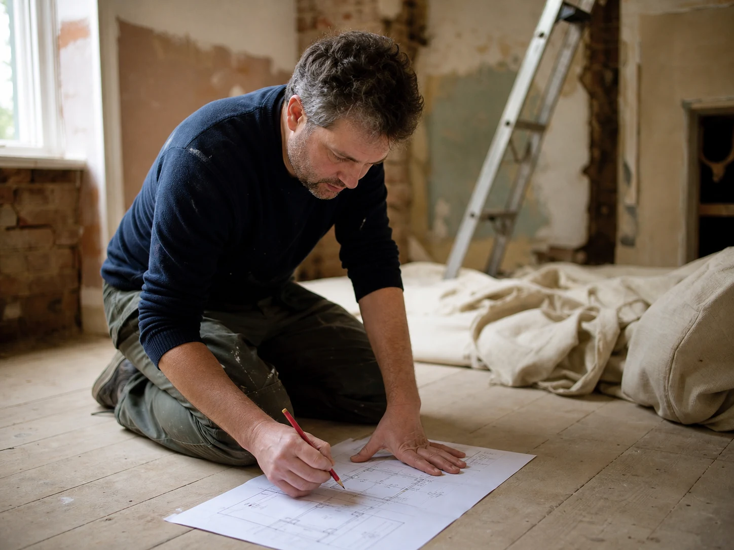 A homeowner with a printed floor plan on the floor of a half-stripped room