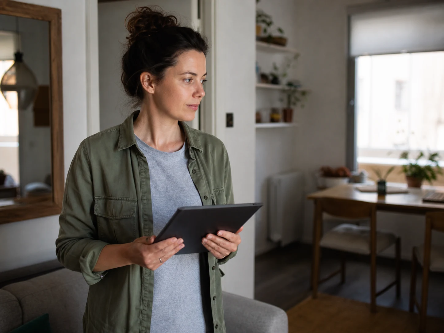 A short-let host checking a furnished apartment against a tablet